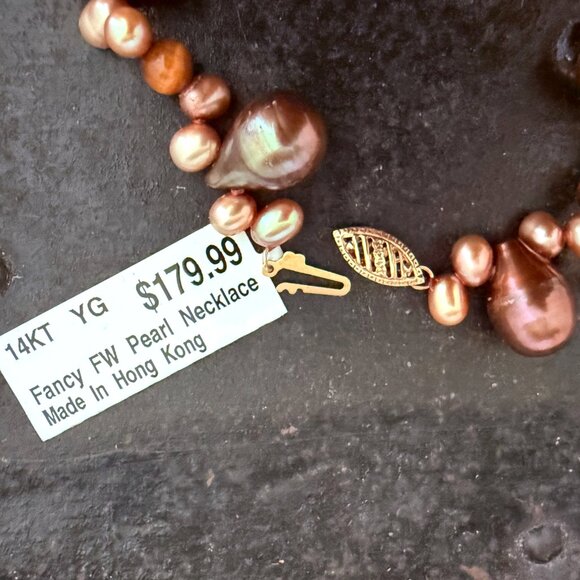 14K Gold Keshi Freshwater Pearl Necklace Maroon Brown Tones FW Pearls - Picture 4 of 5